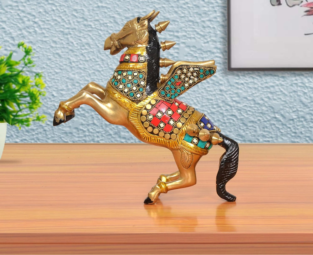 Brass Winged Flying Horse Statue with Uplifted Legs (Height: 9 Inch)