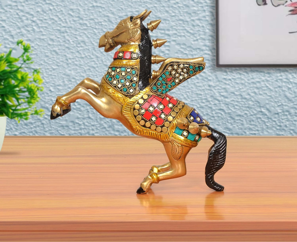 Brass Winged Flying Horse Statue with Uplifted Legs (Height: 9 Inch)