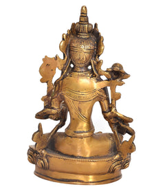 Tara Devi brass statue rear/side view, Green Tara seated with ornamented crown and hands