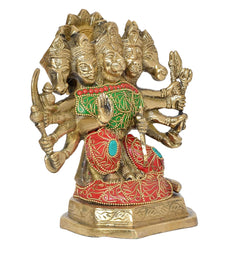 Panchmukhi Hanuman figurine with raised hands, golden multi-head design, red-green outfit