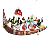 Iron vallamkali boat wall showpiece: red umbrella, colorful dancers, LED-lit accents