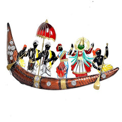 Iron vallamkali boat wall showpiece: red umbrella, colorful dancers, LED-lit accents