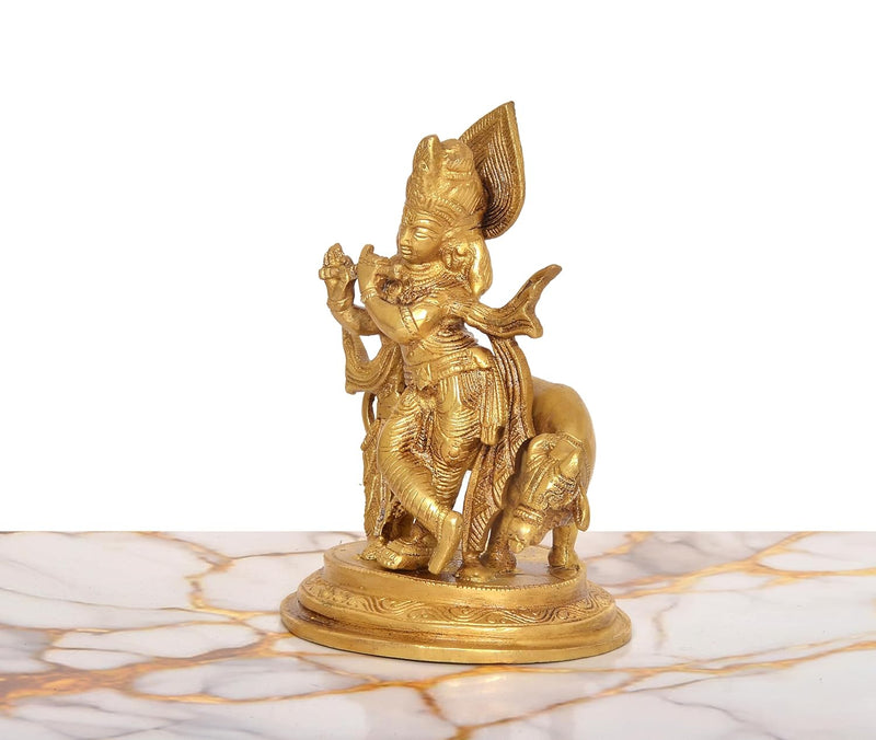 Brass Lord Krishna Playing Flute Statue with Cow (Height:6.5 Inch)