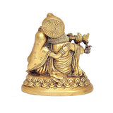 Brass Radha-Krishna statue rear/side view, seated on asan base with textured detailing