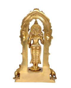Brass Lakshmi-Laxmi idol front view from inside the arch, ornate base with small animals