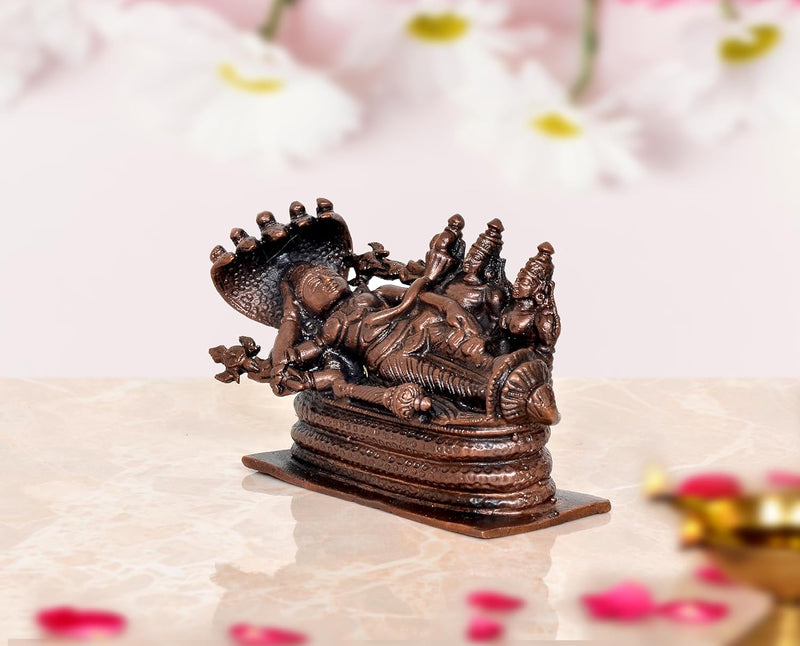 Copper Sheshashayi Vishnu with Lakshmi ji and Bhudevi for Home Decor Mandir Pooja - Copper Statue (Height 2.5 Inch)