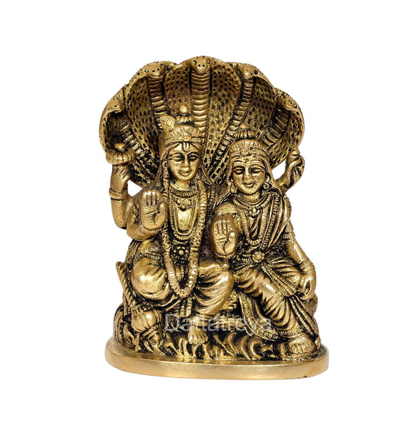 Brass Lord Vishnu with Maa Lakshmi On Sheshnag Idol Statue for Home Decor Temple Pooja - (Height 5 inch)