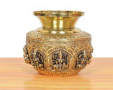 Brass kalash lota with three deity figures on embossed panels and raised base details