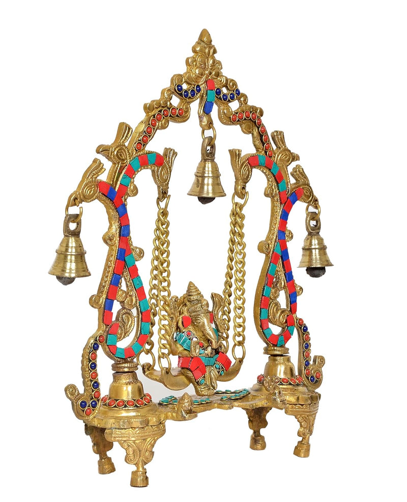 Brass Ganesha Playing On Swing Ganesha Jhula Decorative Showpiece Multicolour for Home Decor Mandir Pooja Temple (Height 14 Inch)