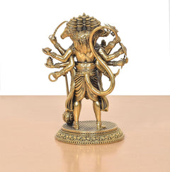 Brass Panchamukhi Hanuman idol from behind angle, five heads with raised arms