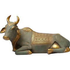 Brass Nandi (Shiva’s mount), 5.6 in, ornate back panel, gold accents