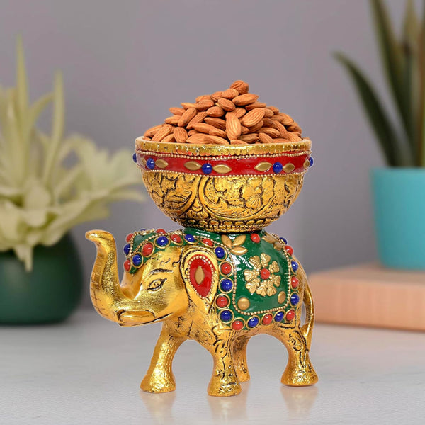 Metal Elephant Dry Fruit Bowl Showpiece Gold Polish for Home Decor Room Table & Gift Diwali,Raksha Bandhan (Height 5 Inch) (Elephant GREEN Multicolor)