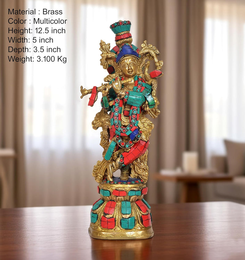 Brass Lord Krishna Sculpture (Height: 12.5 Inches)