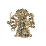 Brass Panchmukhi Hanuman idol, standing figure with raised arms and detailed jewelry