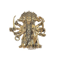 Brass Panchmukhi Hanuman idol, standing figure with raised arms and detailed jewelry