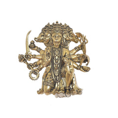 Brass Panchmukhi Hanuman idol, standing figure with raised arms and detailed jewelry