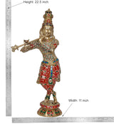 Krishna brass flute idol statue with height 22.5 in and width 11 in, red jeweled outfit