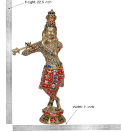 Krishna brass flute idol statue with height 22.5 in and width 11 in, red jeweled outfit