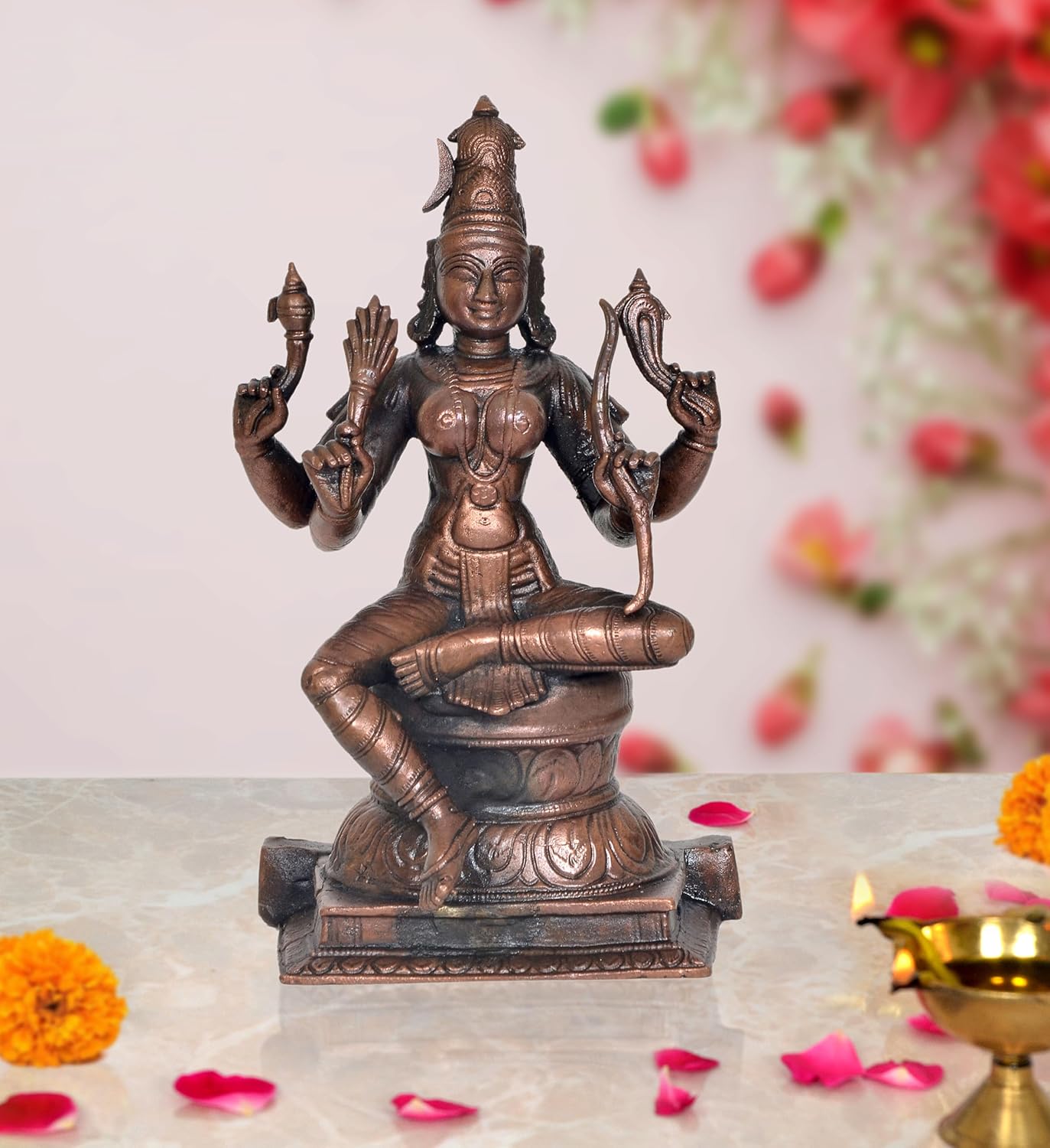 Copper Goddess Rajarajeshvari Idols, Tripura Sundari Murti, Lalita Devi, Rajarajeshwari Sculpture, Raj Rajeshvari Statue,(Height : 6.5 inch)