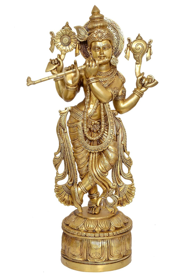 Brass Standing Lord Krishna Statue Playing Flute Sculpture for Home Office Temple Gift Showpiece, (Height 32 Inch)