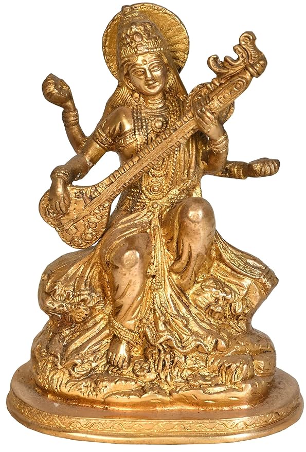 Brass Saraswati Maa statue, seated with veena, 7.5 inch height