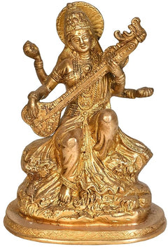 Brass Saraswati Maa statue, seated with veena, 7.5 inch height