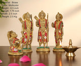 Brass Ram Darbar statue set, multicolor red-and-gold outfits with beaded necklaces, 6.5 in