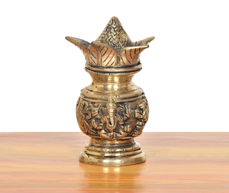 Brass Kalash Lakshmi Ganesh Carving Showpiece (Height 6 Inch)