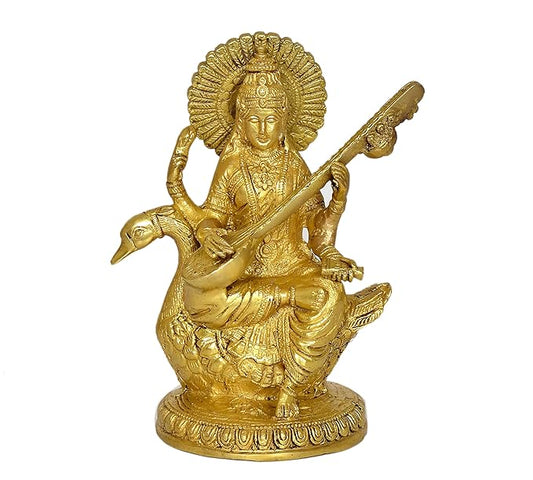 Brass Saraswati Idol On Swan Murti for Temple Home Decor | Height : 9 Inches (Golden)