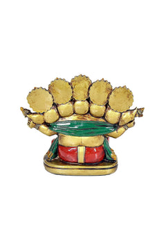Panchmukhi Ganesha resin idol rear view, five gold faces, green top, red base