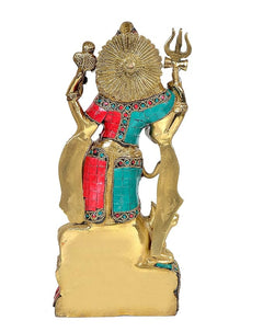Brass Ardhanarishvara statue, back/side view, fan halo, red and teal clothing panels