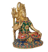 Brass Shiva Shiv Murti sculpture front-side view, trident raised, green-red jeweled dress