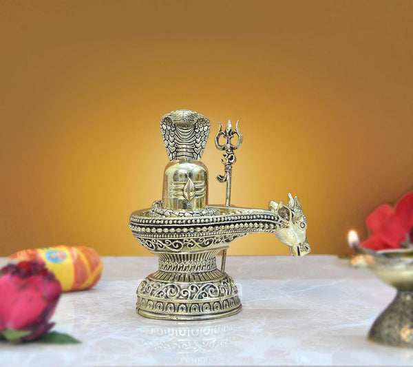 Bronze Shiva Ling Murti Shivling with Nandi Maharaj Figurine Bronze Sculpture Deity Lord Shiva Statue Hindu Puja Vastu Gifts Home Decor (Height: 4 inch)