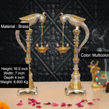 Brass parrot diya oil lamp stands, set of 2, height 16.5 in, ornate carved base