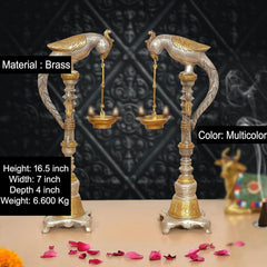 Brass parrot diya oil lamp stands, set of 2, height 16.5 in, ornate carved base
