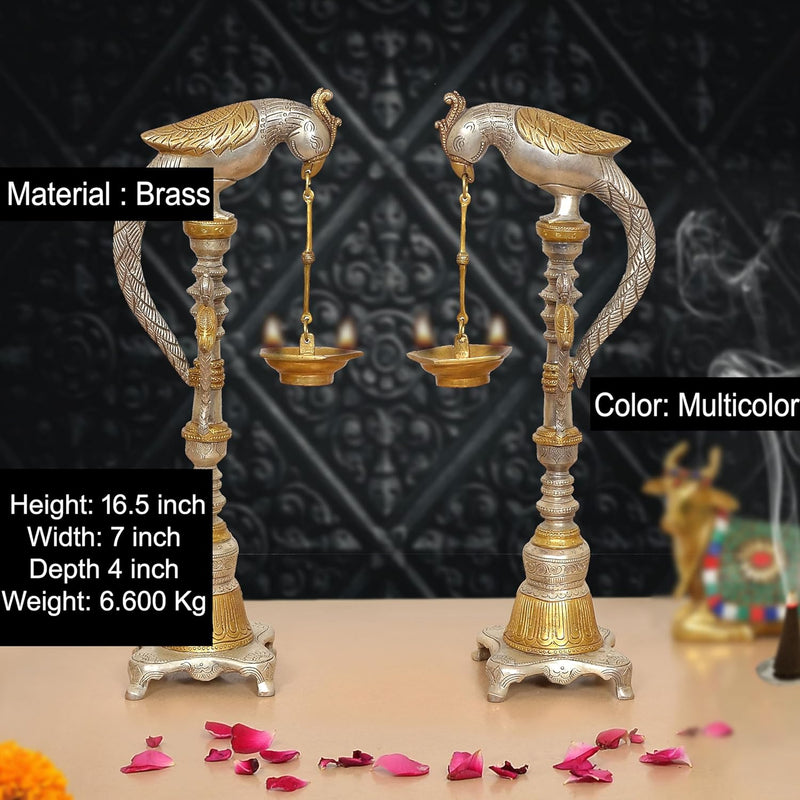 Brass Parrot Oil Lamp Stand Diya |Set of 2| (Height: 16.5 Inch)