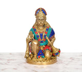 Brass Hanuman Ji sitting murti, blessing gesture, detailed crown and ornaments