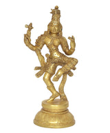 Brass Ardhanrishvara Shiva-Parvati figurine, four arms raised, ornate headdress