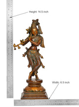 14.5 in tall brass Krishna flute statue with height label, ornate robes, carved base