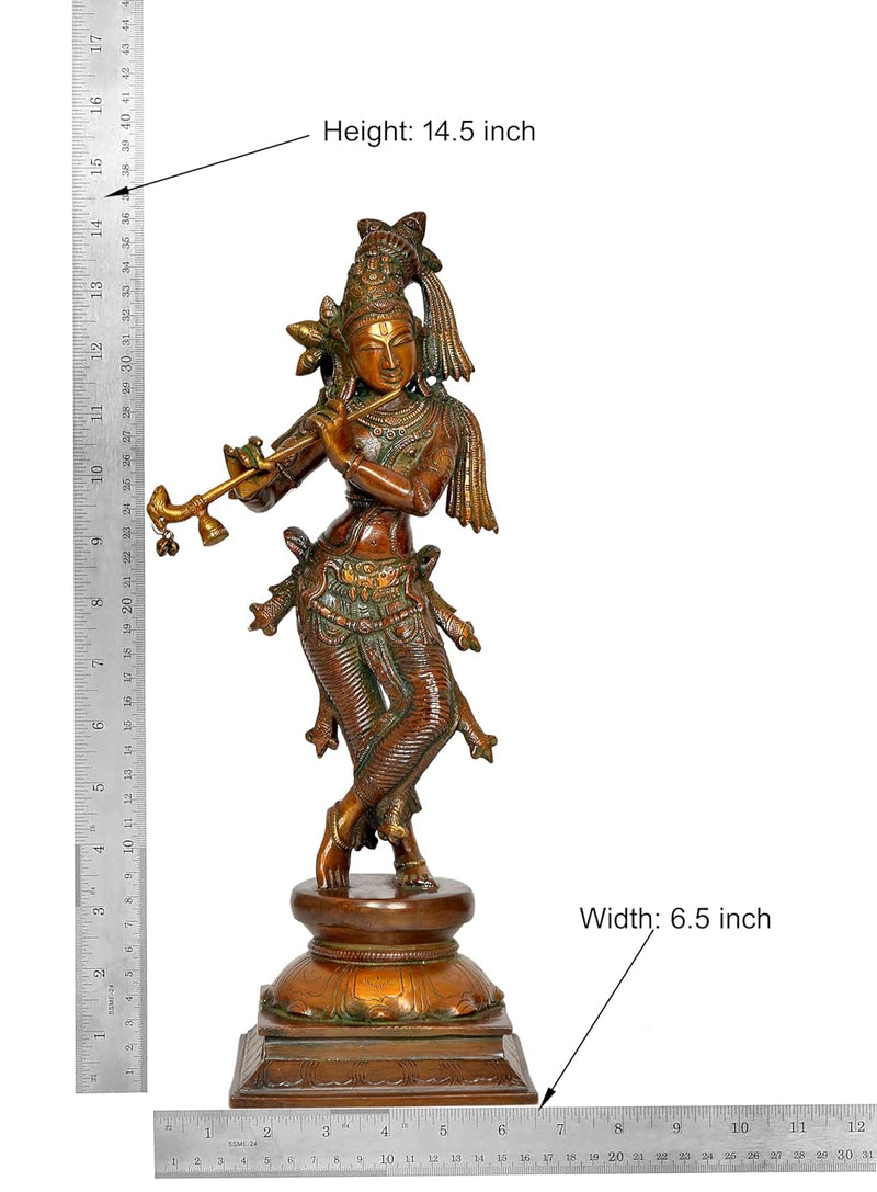 Brass Standing Lord Krishna Statue Playing Flute Sculpture for Home Office Temple Gift Showpiece, (Height 14.5 Inch)