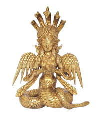 Brass Naga Kanya statue, front view with ornate headdress, wing feathers, and coiled tail