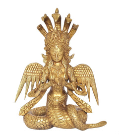 Brass Naga Kanya statue, front view with ornate headdress, wing feathers, and coiled tail