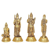 Brass Ram Darbar statues from rear view, four figures on round bases with headdresses