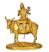 Brass Shiva on Nandi statue, seated figure holding trident staff, front view