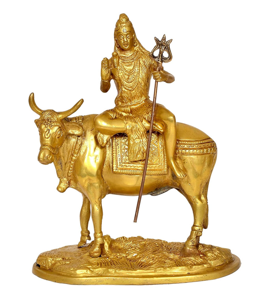 Brass Lord Shiva Seated on Nandi Murti Religious Statue for Home Temple Decor (Height : 9 inch) Craft Detail