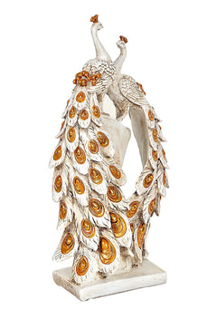 Resin peacock couple showpiece, side angle showing feather fan details and arched posture