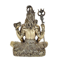 Rear view brass Lord Shiva idol with long hair, trident beside seated base