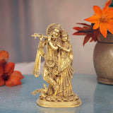 Handmade brass Radha Krishna idol with peacock, 10-inch height, gold tone.