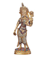 Brass Tara Devi idol, front view, ornate crown and blue-red gemwork on dress