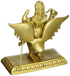 Brass Shani Dev idol, golden finish, holding a staff with detailed robe and base